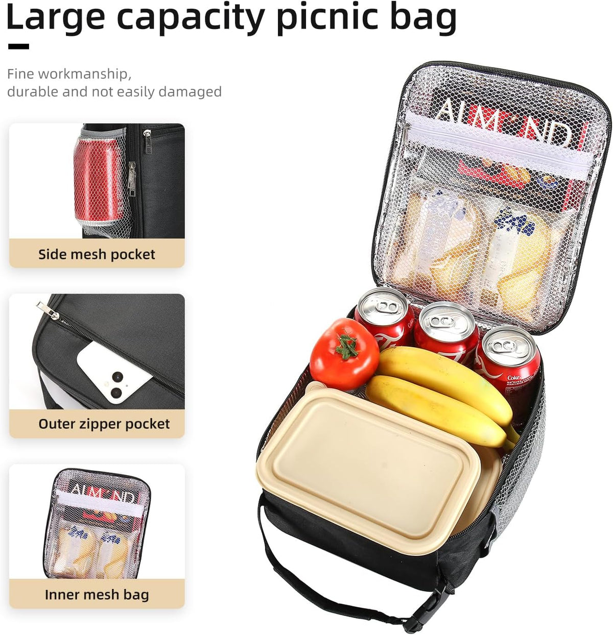 Lunch box Lunch bag for men women Insulated Lunchbox Lunch bags for Work Picnic Travel (Black)
