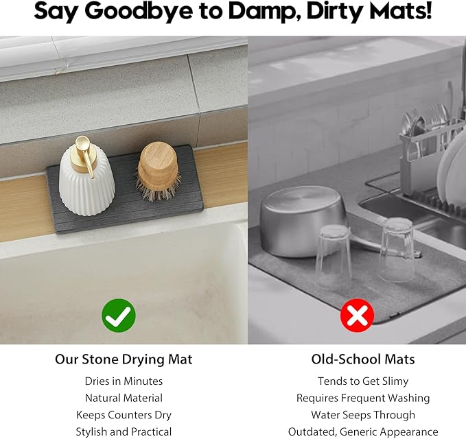 3 Pack Diatomite Stone Sink Tray, Water Absorbing Mat for Kitchen & Bathroom Counter, Quick Dry Soap Dish Makeup Vanity Caddy,Sponge Holder Organizer, Dark Gray 1pc of 8"x 3.8" and 2pcs of 3.8"x 3.8"