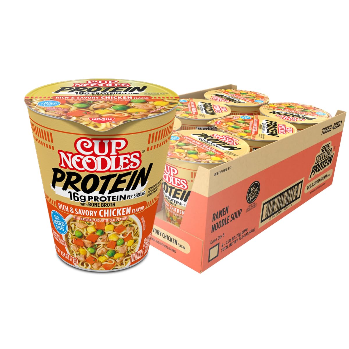 Nissin Cup Noodles Protein Ramen, Chicken Flavor with Bone Broth, 16g Protein, 2.54 Ounce Cup (Pack of 6)