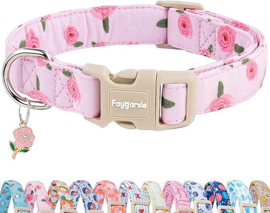 Faygarsle Pink Floral Dog Collar with Roses Pattern, Spring Summer Design for Small Medium Large Dogs XS