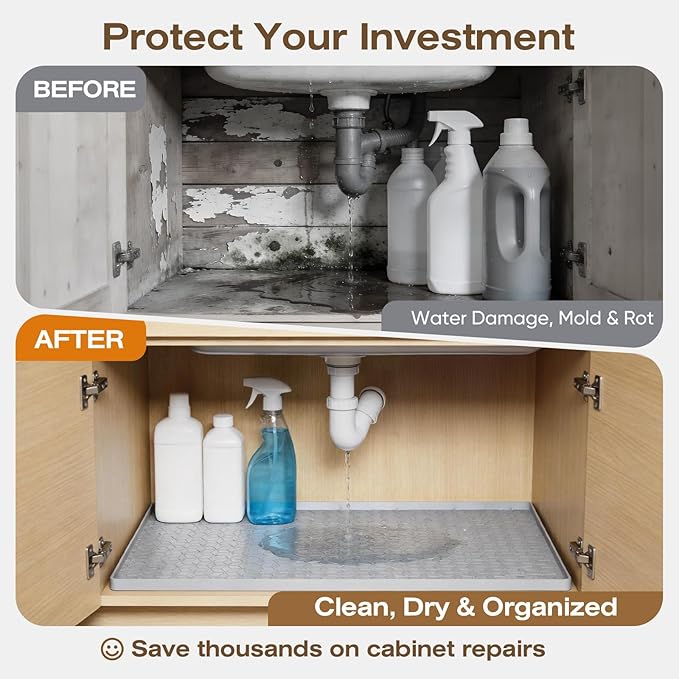 TRZZ Silicone Waterproof Under Sink Mat 28" x 22", Drip Tray and Cabinet Liner for Kitchen and Bathroom, Prevents Water Damage and Organizes Cabinets (Light Blue)