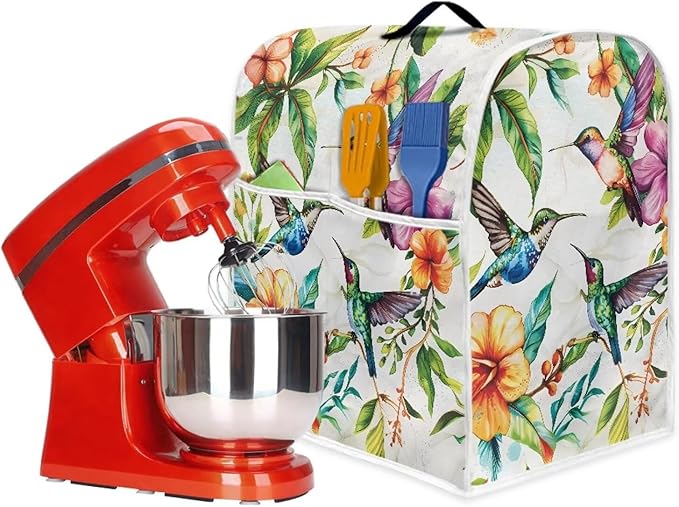 Hummingbird Flower Stand Mixer Cover with Pocket and Handle Small Appliance Dust Covers Machine Washable Kitchen Mixer Accessories Suitable for 4.5-5 Quart Coffee Makers