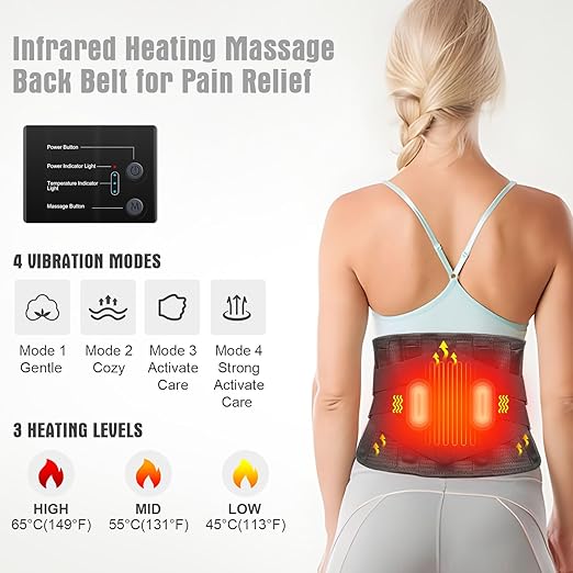 Heated Back Brace with Massage, Rechargeable Heating Pad for Back Pain Relief, Adjustable Back Support Belt with Heat Therapy and Vibration Massager for Men and Women, M