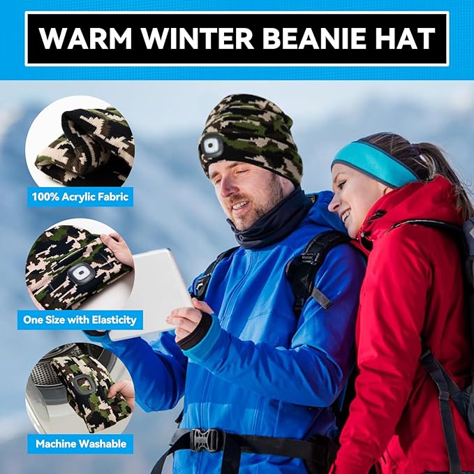 Beanie Hats with Light, USB Rechargeable LED Hand Free Headlamp, Ideal for Camping, Hiking, Fathers Day Dad Gifts, Birthday Gifts for Husband, Dad, Men, 2 Pack, Camouflage
