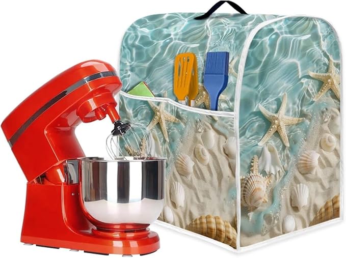 Beach Theme Mixer Dust Cover | Portable Protector with Pocket | Compatible with 4.5-5 Quart Blenders, Coffee Makers & Juicers | Travel & Moving Convenience Moving