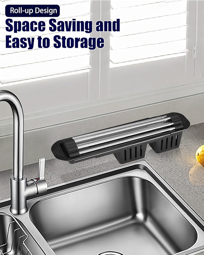 Roll Up Dish Drying Rack,Expandable Over The Sink Dish Drainer,Stainless Steel Kitchen Rolling Sink Rack with Utensil Holder,Length Up to 22.3" (Black)