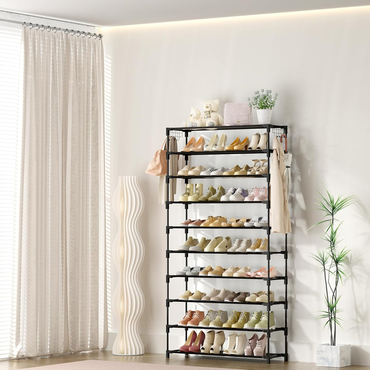 10 Tiers Shoe Rack 50 Pairs Large Capacity Tall Shoe Organizer Sturdy Shoe Storage with Two Hooks Space Saving Metal Wide Shoe Rack for Closet, Entryway, Bedroom, Black