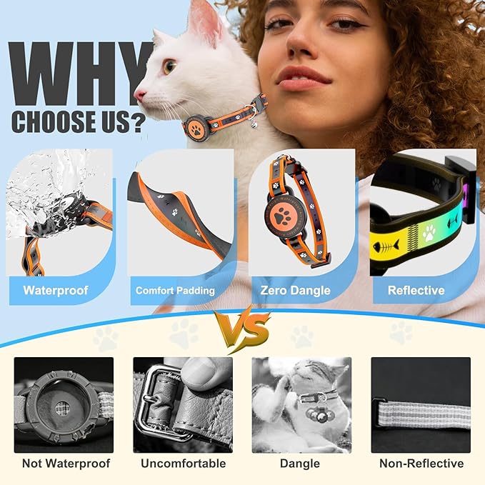 Airtag Cat Collar Breakaway, Reflective Cat Collar with AirTag Holder and Bell, Compatible with Apple Air Tag, Comfortable Padding, Adjustable, Durable (Orange, XS)