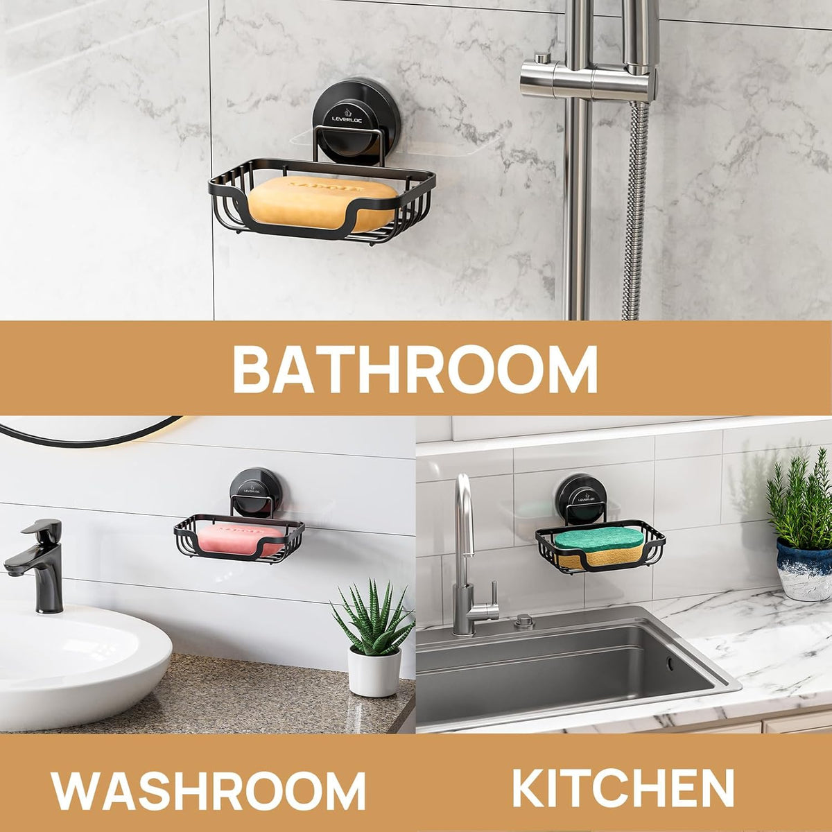 LEVERLOC Soap Dish, Soap Bar Holder for Shower Suction Cup Wall Mounted, Stainless Steel No-Drilling Removable Waterproof Sponge Holder for Bathroom Bathtub Kitchen Sink, Keep Dry, Black