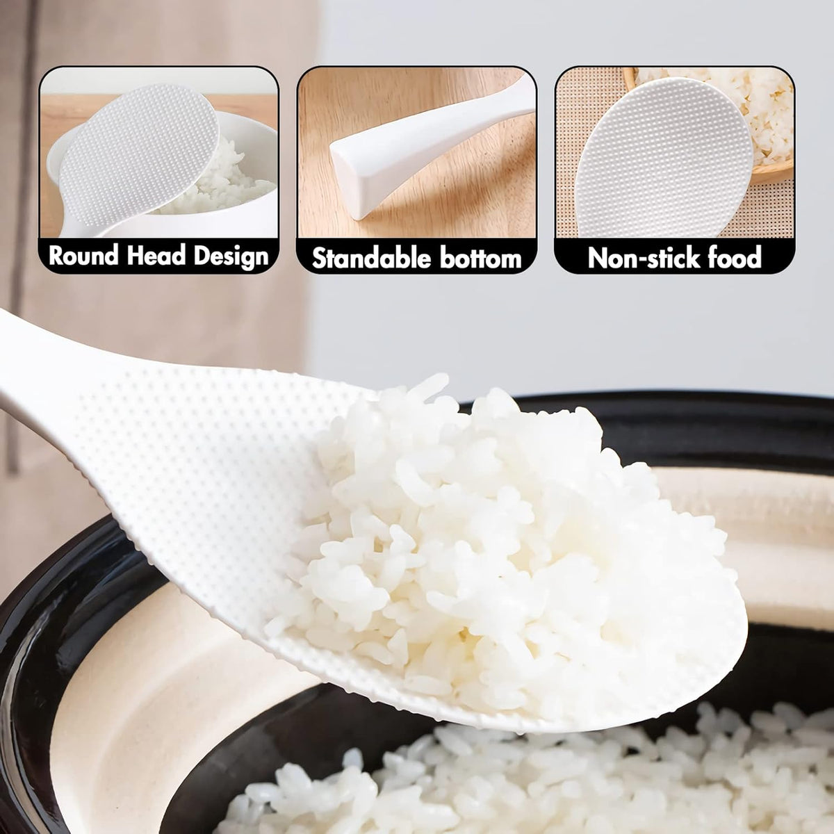 FireKylin 2 Pcs Plastic Rice Paddle,Non Stick Standing Rice Spoon Scooper Spatula,Heat Resistant Rice Cooker Spoon (White)