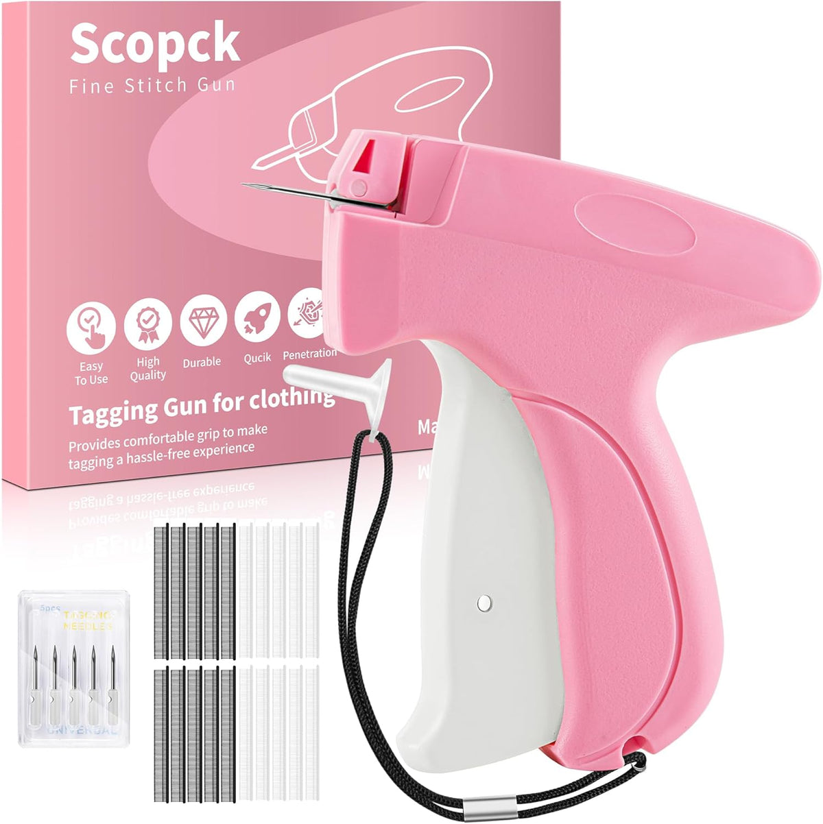 Handheld Stitch Tag Gun for Clothes, Quick Clothing Fixer, Tagging, Sewing Kit Includes 6 Needle, 1000 Black Fasteners & 1000 White Fasteners, Pink