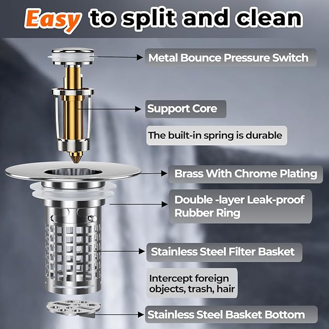 Bathroom Sink Drain Strainer, Stainless Steel Pop-up Strainer Basket Hair Catcher with Removable Basket, Brass Bullet Core, Universal Fit 1.1-2.36 Inch (4PCS)