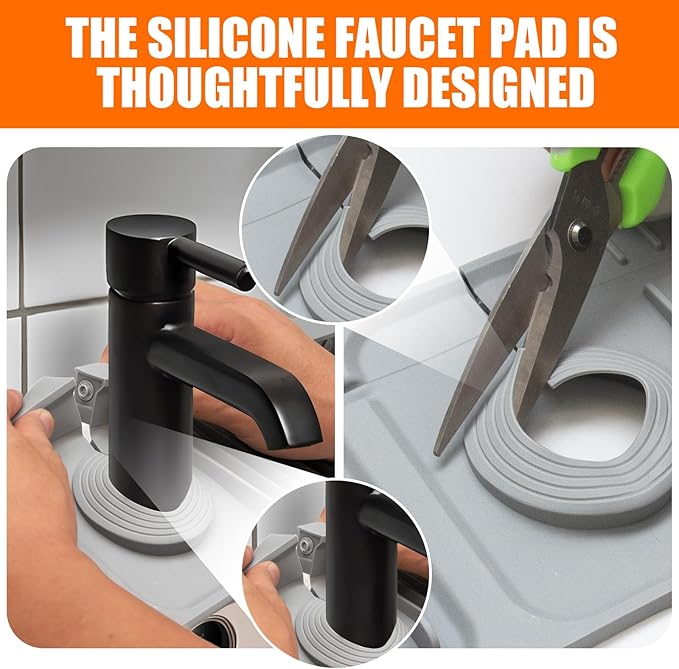 17.7" Silicone Faucet Mat for Kitchen Sink,7° Draining Mat with Snap Button Lock,Faucet Splash Guard and Sink Counter Organizer,Trim-to-Fit Kitchen Faucet Protector for Sponge Brush Cup