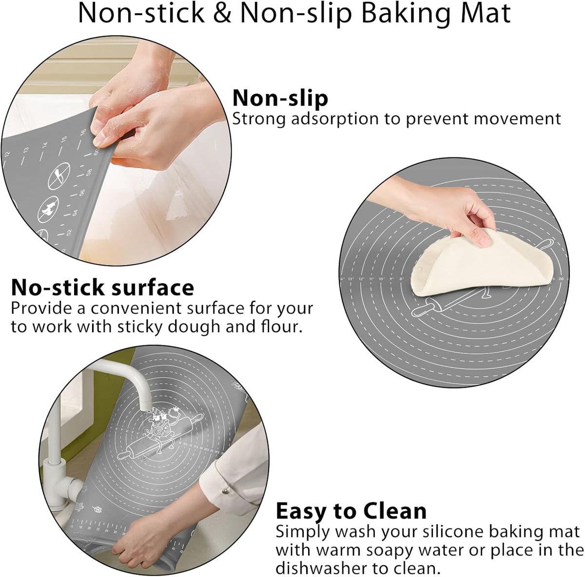 Silicone Baking Mat 24" x 16" Extra Thick Non-stick Pastry Mat with Measurements and Edge Heightening, Food Grade Silicone for Countertop Dough Rolling Making Bread, Cookies, Pizza, Fondant, Pasta