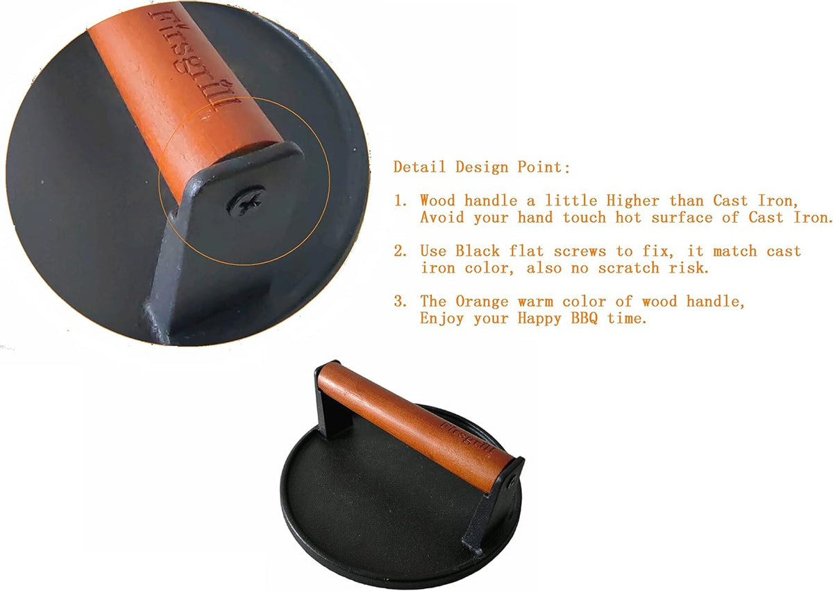 Firsgrill Burger Press 7.08" Round,Heavy-Duty Cast Iron Smash Burger Press Meat Steak With Wood Handle for Blackstone Camp chef Pitboss Weber Griddle Grills(Round)