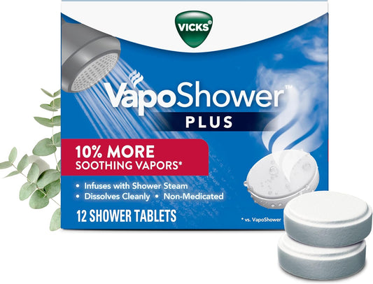 Vicks, VapoShower Plus, Shower Steamers, Eucalyptus Shower Steamer & Menthol Scent, Clean Dissolving Vapor Shower Tablets, Aromatherapy Shower Steamer & Shower Bombs, 12 count