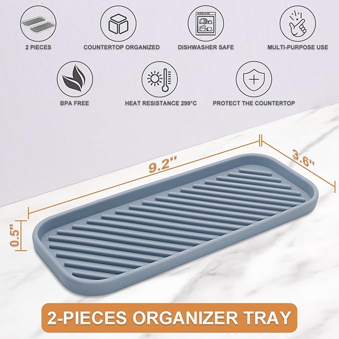 Silicone Organizer Tray, Soap and Sponge Holder for Kitchen Sink, Bathroom - Storage Tray for Dish Brush, Soap Dispenser, Dishwashing Accessories- 2 Pack (Gray)
