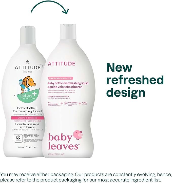 ATTITUDE Baby Dish Soap and Bottle Cleaner, EWG Verified Dishwashing Liquid, No Added Dyes or Fragrances, Tough on Milk Residue and Grease, Vegan, Unscented, 23.7 Fl Oz