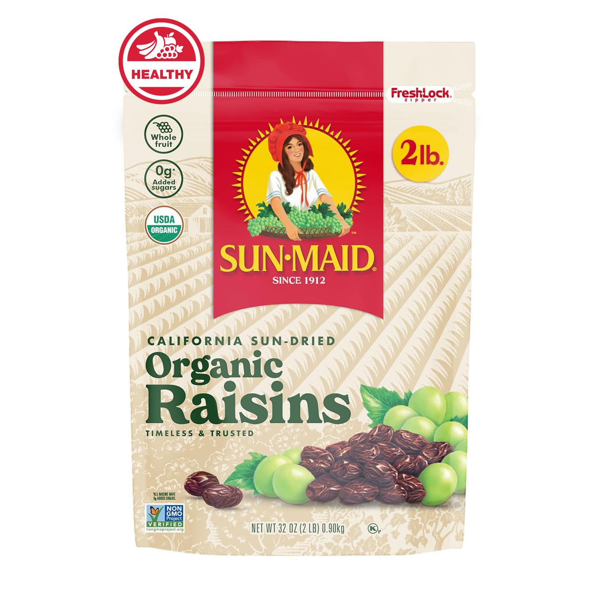 Sun-Maid Organic California Sun-Dried Raisins - 32 oz Resealable Bag - Organic Dried Fruit Snack for Lunches, Snacks, and Natural Sweeteners