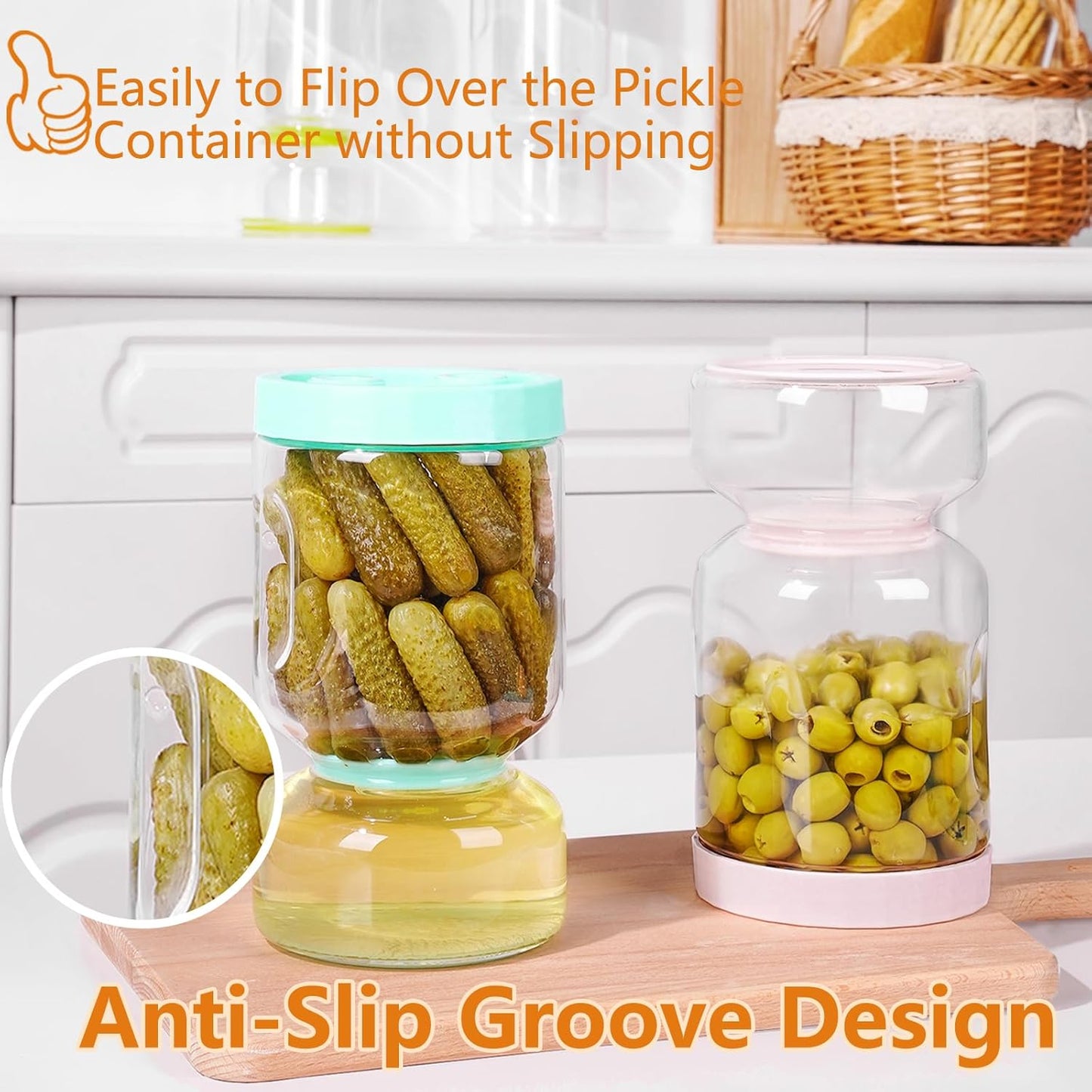ZENS Pickle Jar with Strainer Flip, 51oz Pickle Container Pickle Juice Separator Hourglass Jar for Olive Keeper, Leakproof Pickle Holder Jars for Pickling Dill Sliced, Gherkin Storage, Gifts for Mom