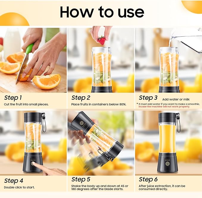 Cordless Portable Personal Size Blender - 12 Oz Mini Blender Make Smoothies and Shakes, Cordless Lightweight Rechargeable, Freshly Squeezed in Picnic/Sports/Office