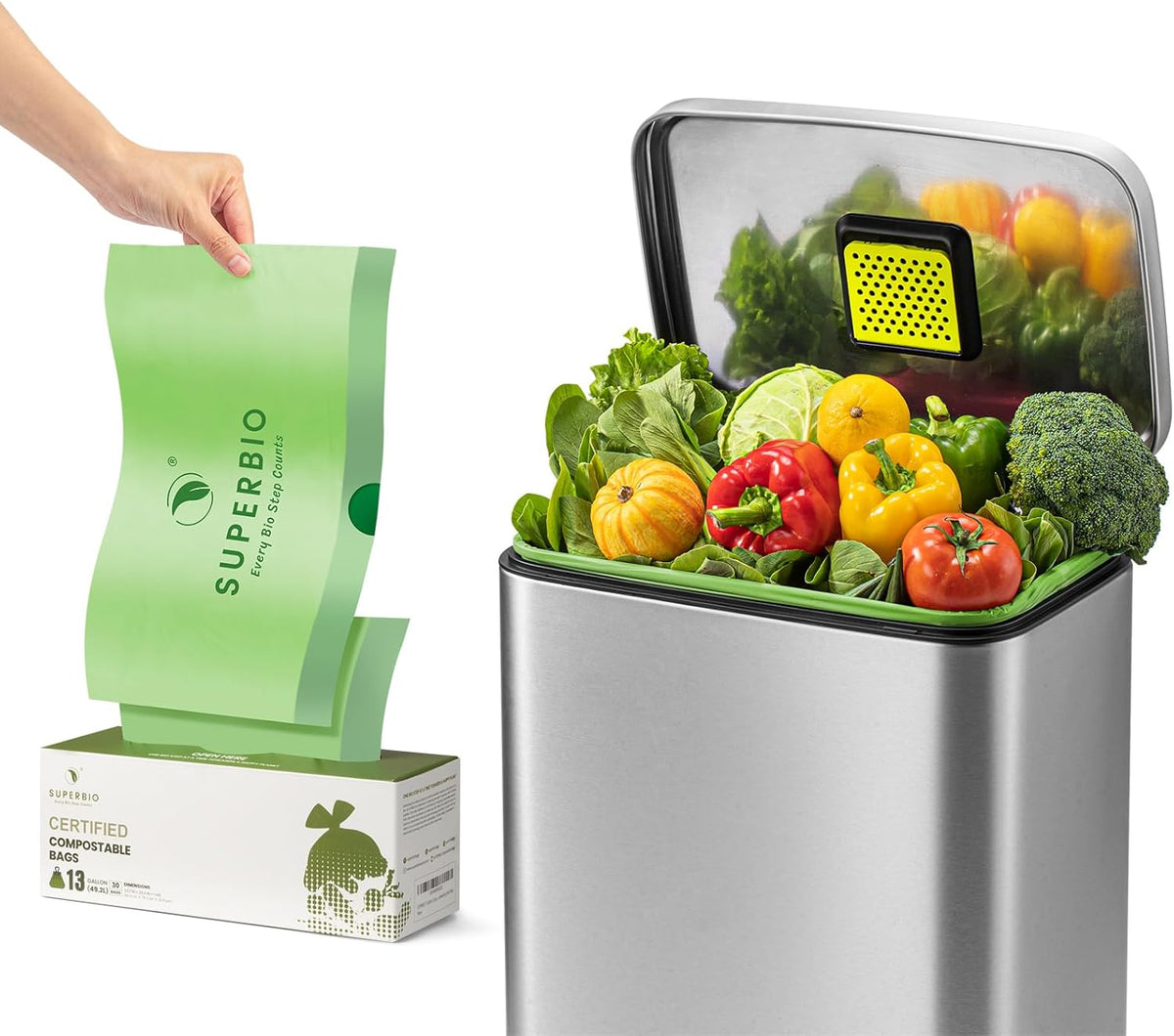 SUPERBIO 13 Gallon Compostable Drawstring Kitchen Waste Bag, 49.2 Liter, 30 Count,1 Mil, Heavy Duty Food Scrap Bags, BPI, Seedling and OK compost INDUSTRIAL