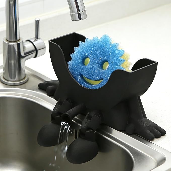 Cute Hanging Sponge Holder,Smiley Face Sponge Holder with Drainage Keeps Your Sponge Dry & Smiling,For Scrub Daddy Holder,Spac-Saving & Quick Drying Sponge Storage Organizer (black)