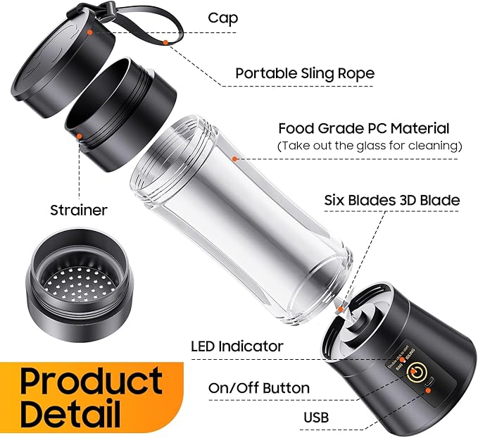 Portable Blender for Smoothies and Shakes - Cordless Personal Blender with 380Ml BPA Free Travel Cup, 6 Stainless Steel Blades for Powerful Blending, Suit for Sports/Travel/Home