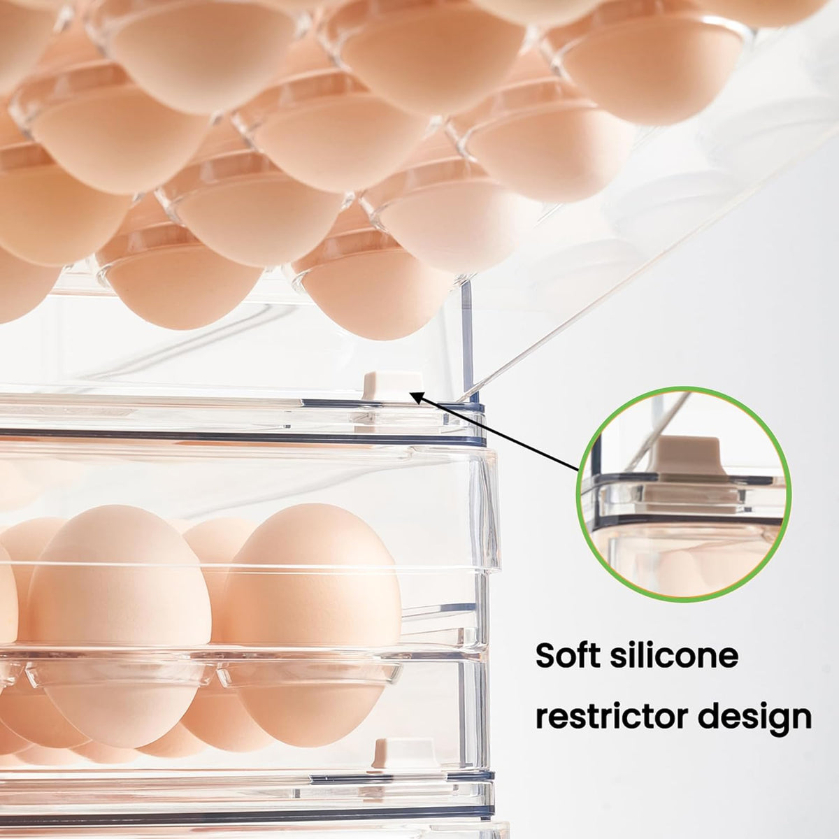 vacane 24 Capacity Egg Holder for Refrigerator Organizer Bins, BPA Free Egg Storage Container with Non-Slip Pads, Space-Saving Egg Tray for Fridge Drawer