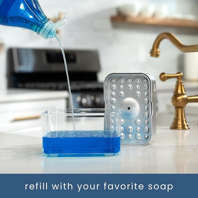 S&T INC. Dish Soap Dispenser and Sponge Holder for Kitchen Sink with Enhanced Features, Sponge Included, 13 Ounces, Silver