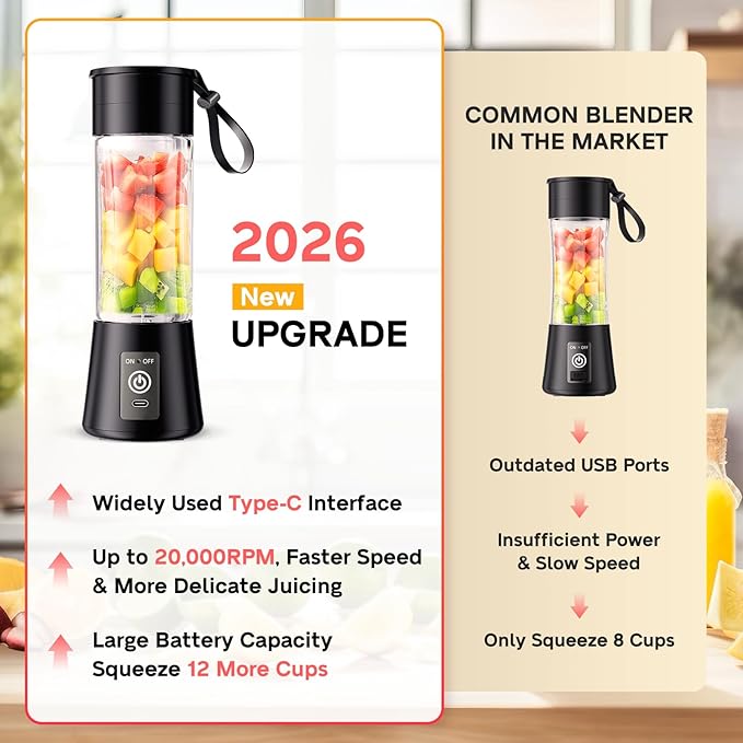 Portable Blender for Smoothies & Shakes - Cordless Personal Size Mini Blender with BAP Free Juice Cup, USB Rechargeable Suit for Sports/Picnic