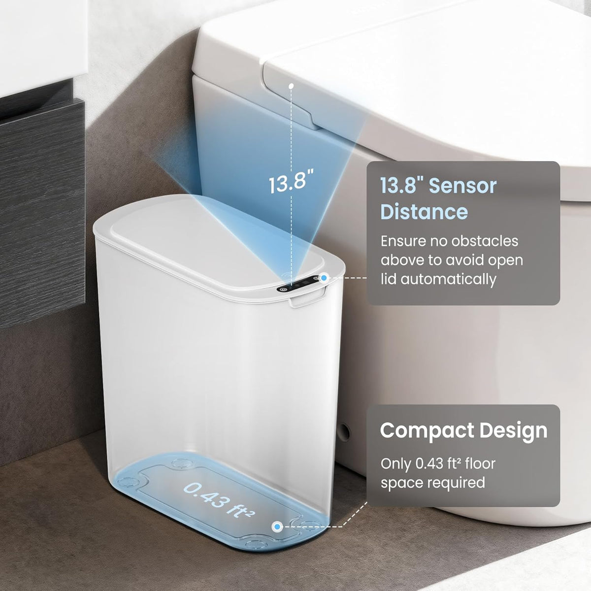 Cesun Automatic Motion Sensor Bathroom Trash Can with Lid, 2.6 Gallon Touchless Trash Bin, Smart Plastic Slim Garbage Can Small White Wastebasket for Toilet, Office, rv, Bedroom, Living Room
