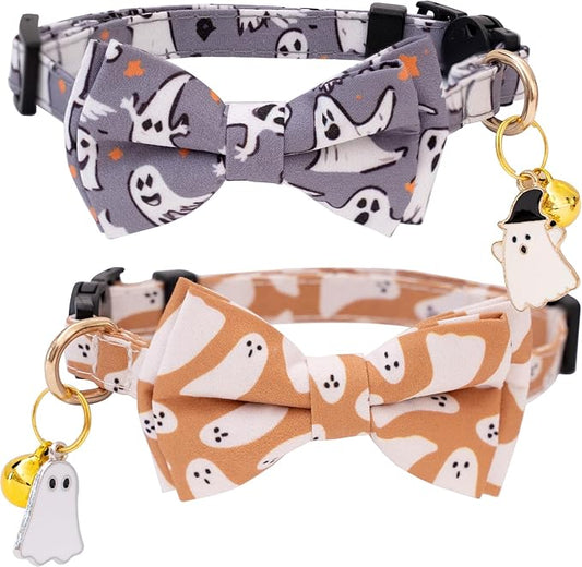 Faygarsle 2 Pack Halloween Breakaway Cat Collar Collection Ghosts Pattern Cute Cat Collar with Bell for Kittens Female Male Cats Seasonal Holiday Bowtie Fall Cat Collar Orange Gray
