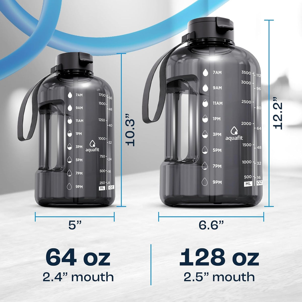 AQUAFIT 64 oz Water Bottle with Time Marker - Straw & Chug Lid - BPA Free Half Gallon Gym Water Bottle with Handle - Big Gallon Jug (Gray, 64 Ounces)