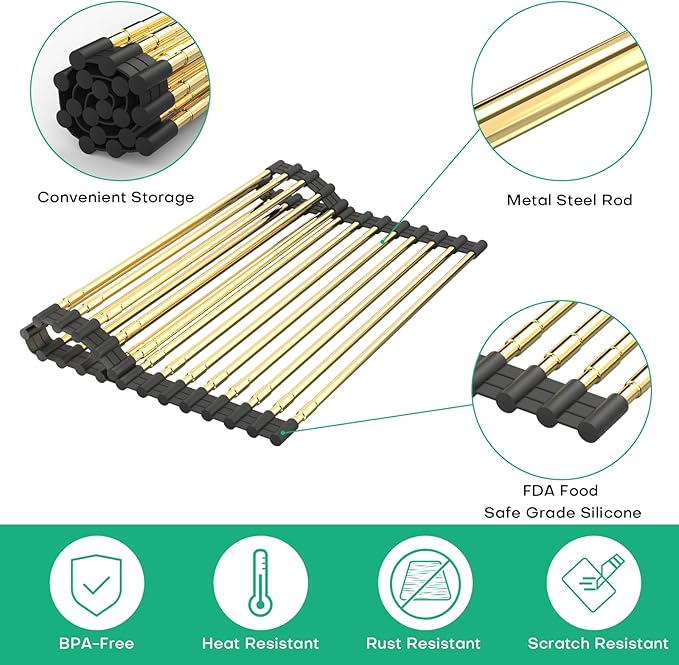 Large Telescopic Draining Rack, Gold Roll Up Heat-Resistant Dish Drainer for Stainless Steel Sinks, Non-Slip Silicone Rolling Dish Drainer Roll Rack 18 tube12.59-21.25x12.79''
