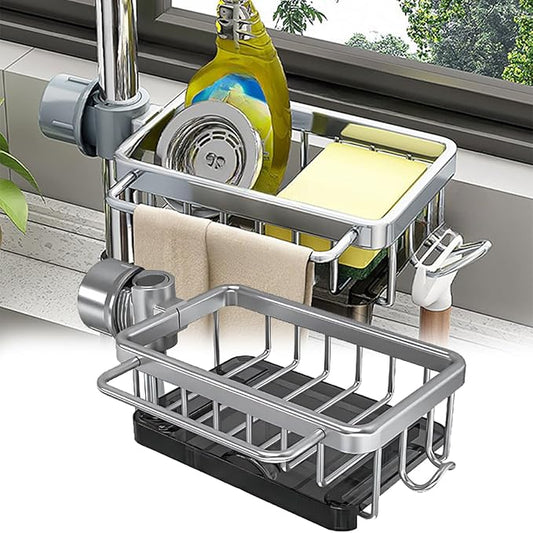Kitchen Sink Faucet Organizer, Kitchen Sink Organizer Over Faucet, Over Sink Dish Drying Rack, Sponge Holder for Kitchen Sink, for 0.7-1.1 inch Round Water Pipe (Silver, Right Mount)