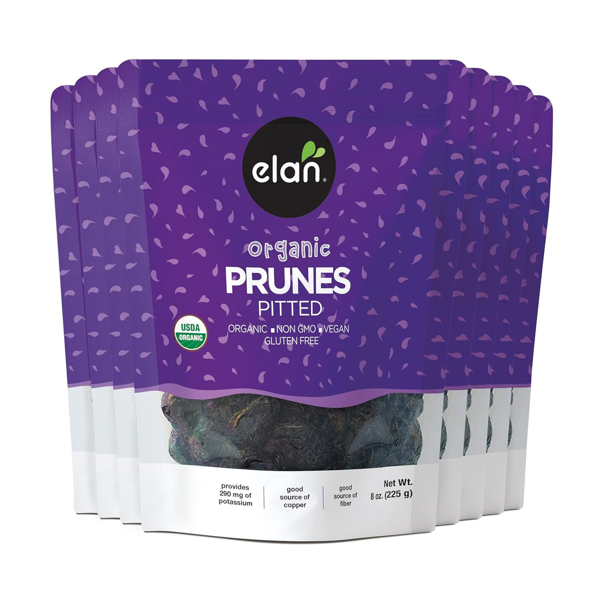 Elan Organic Pitted Prunes, 7.9 oz, Natural Dried Fruit, No Sugar Added, Sulphite-free, Non-GMO, Vegan, Gluten-Free, Kosher, Healthy Snack, Dried Plums