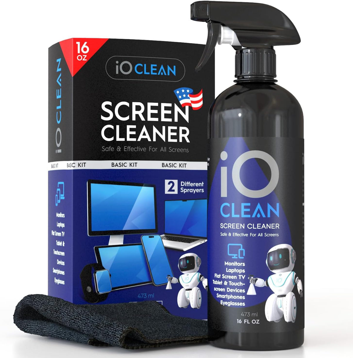 Screen Cleaner Spray (16oz - 473ml) – Best Large Cleaning Kit for LCD LED OLED TV, Smartphone, iPad, Laptop, Touchscreen, Computer Monitor, Electronic Devices, Microfiber Cloth Wipes and 2 Nozzles