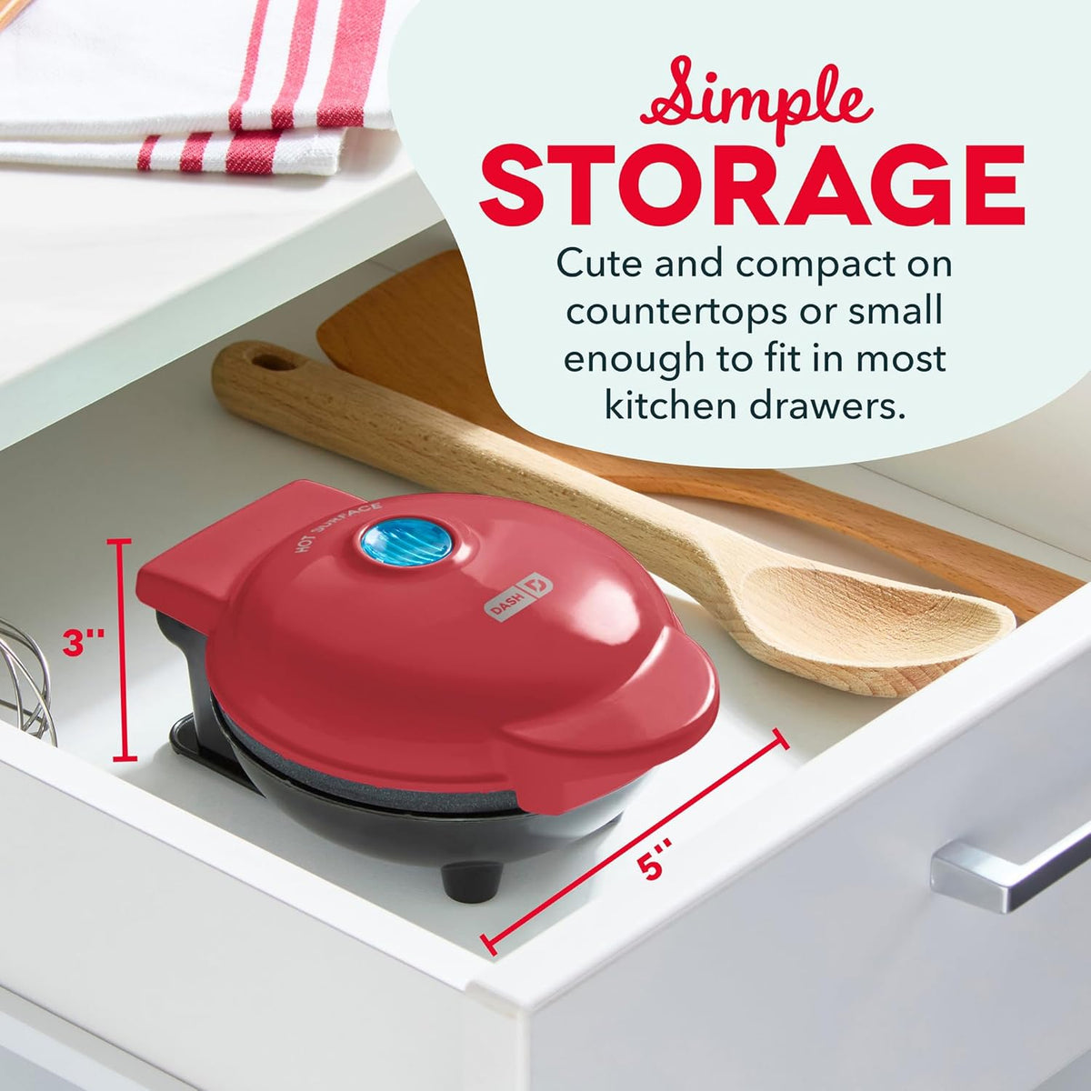 Dash Mini Waffle Maker- Compact Electric Iron for Creative Homemade Treats - PTFE nonstick surface - Easy-to-Clean - Perfect for Kids & Families - Red