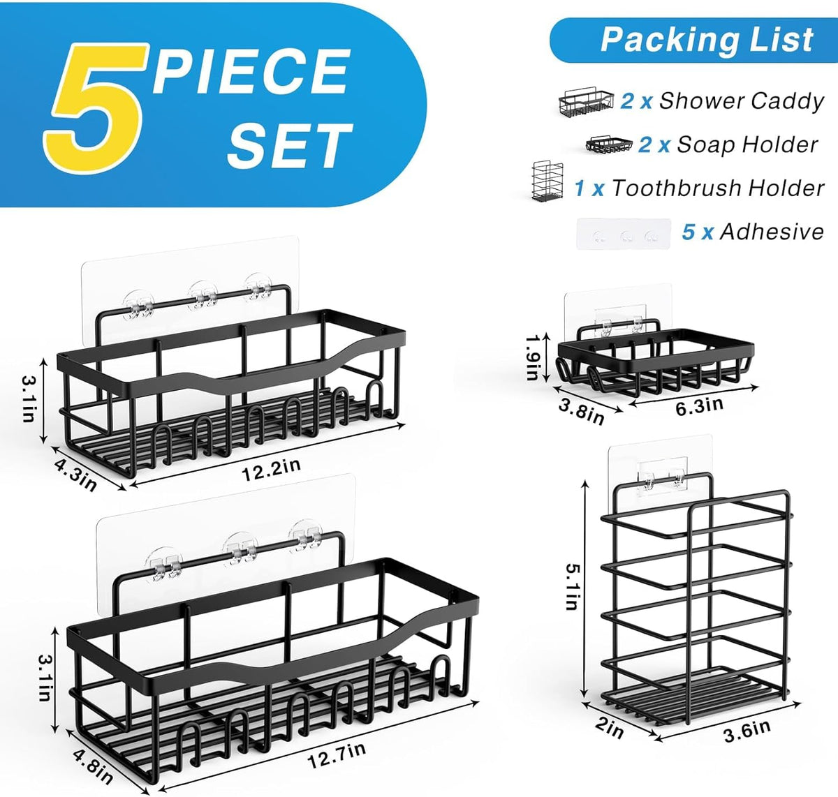 5-Pack Rustproof Stainless Steel Shower Caddy Set– No Drill Adhesive Bathroom Organizer, Space-Saving Shower Shelves for Apartment Essentials, Bathroom/Kitchen Storage Home Decor-L Size