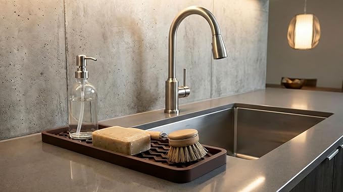 Silicone Sink Organizer Tray, Rectangular, Modern Style, Heat Safe, Dishwasher Safe, for Bathroom and Kitchen Organization (Light Grey, 12"x4", Chevron Pattern)
