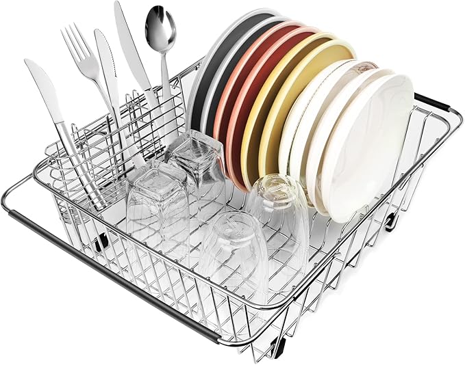 Sink Dish Drainer Rack, Expandable 304 Stainless Steel Dish Drying Rack Organizer with Stainless Steel Utensil Rack, Adjustable 15.35" to 20.47" Inside The Sink (up to 13 Upright Utensils).