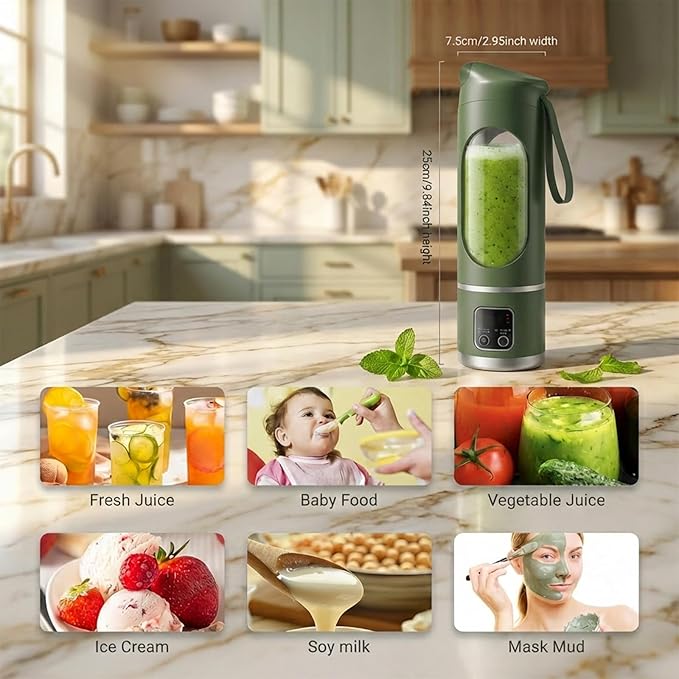 Portable Personal Electric Blender，500ML Portable Shakes and Smoothies Blender，12 Blades USB Rechargeable Small Blenders、Mixing、Compact、Convenient and Versatile (Green)
