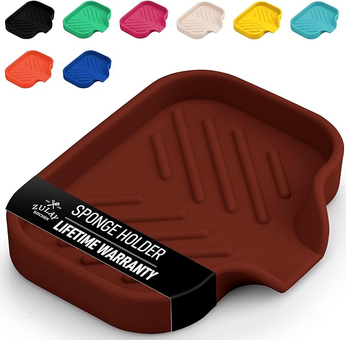 Zulay Kitchen Small Silicone Sponge Holder (4.9x3.3”) – Space-Saving Sink Organizer Tray for Sponge, Soap, Brush & More – Compact Non-Slip Dish for Kitchen & Bathroom (Canyon Rose)