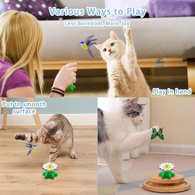 Yisquar Electric Bird & Butterfly Teasing Cat Toy 2PCS Interactive Bird Toy for Cats Interactive Cat Toys Automatic Electric Butterfly 360°Rotating Kitten Toys Fun Flying Birds Cats Play Chase