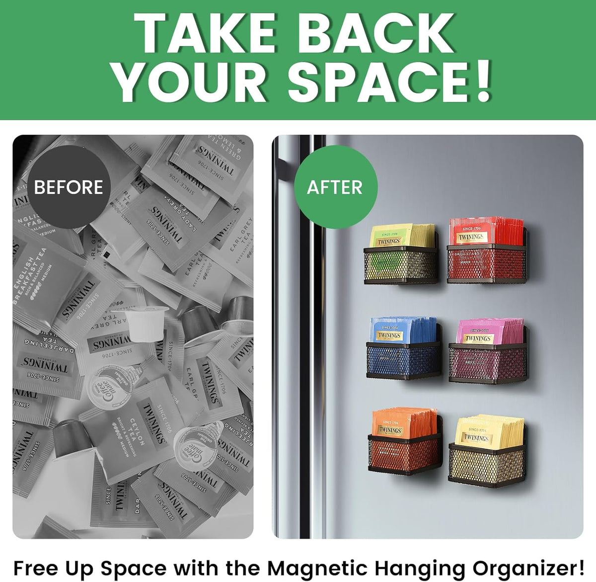 Magnetic Tea Bag Organizer - 6-Piece Metal Tea Organizer for Refrigerator, Kitchen Shelf and Counter, Stylish & Space Saving Tea Organizers and Storage