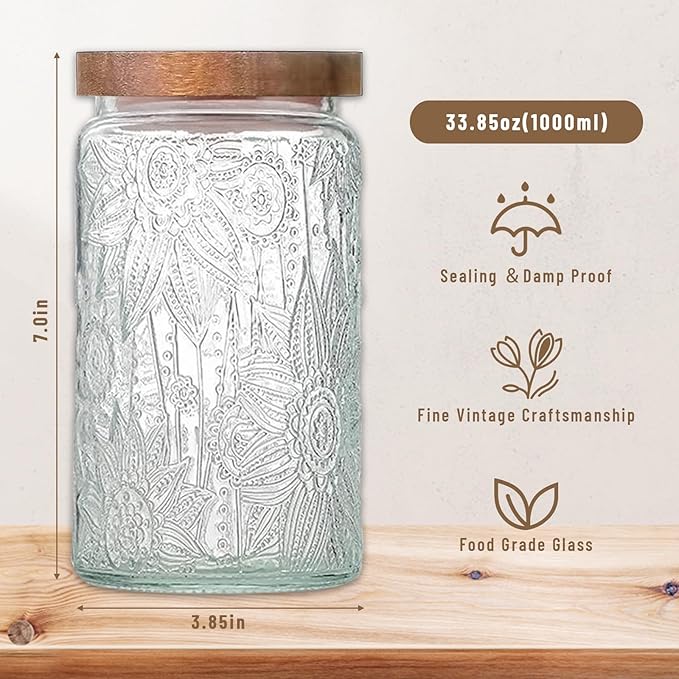 Vintage Glass Jars with Wooden Lids, 2 Pack 34 oz Airtight Glass Food Storage Containers Sets for the Kitchen, Sugar Coffee Candy Spice Cookie Tea Pasta
