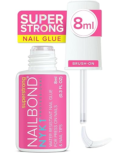 Super Strong Nail Glue for Press On Nails, Nail Tips & Acrylic Nails (8ml) NYK1 NailBond Brush On Glue for Press Ons, Tips & Acrylics - Long Lasting, Maximum Strength, Mess-Free Application