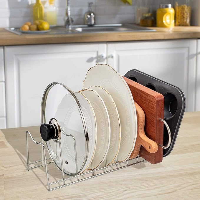 GERUSEA Pot Lid Holder, Stainless Steel Kitchen Organizer Rack Rest, Storage Cutting Boards, Bakeware, Pots & Pans, Serving Trays, Reusable Containers in Cabinet Pantry on Countertop