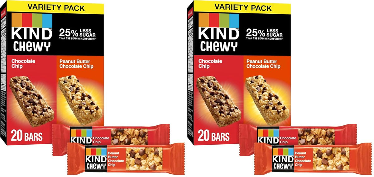 KIND Chewy Granola Bars Variety Pack, Gluten Free, Low Calorie, Healthy Snacks, Chocolate Chip, Peanut Butter Chocolate Chip, 20 Count